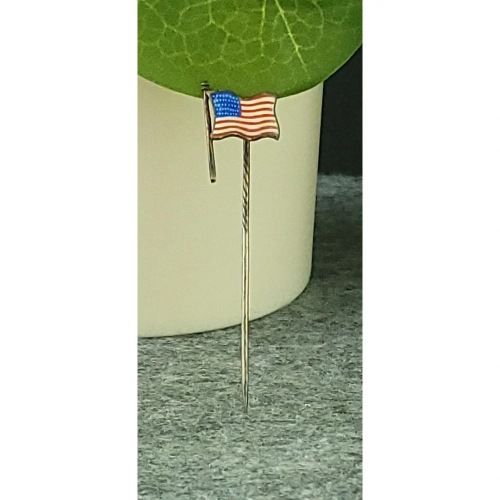 1910s-1930s 800 Silver Enamel American Flag Patriotic Stick Pin 2.4in